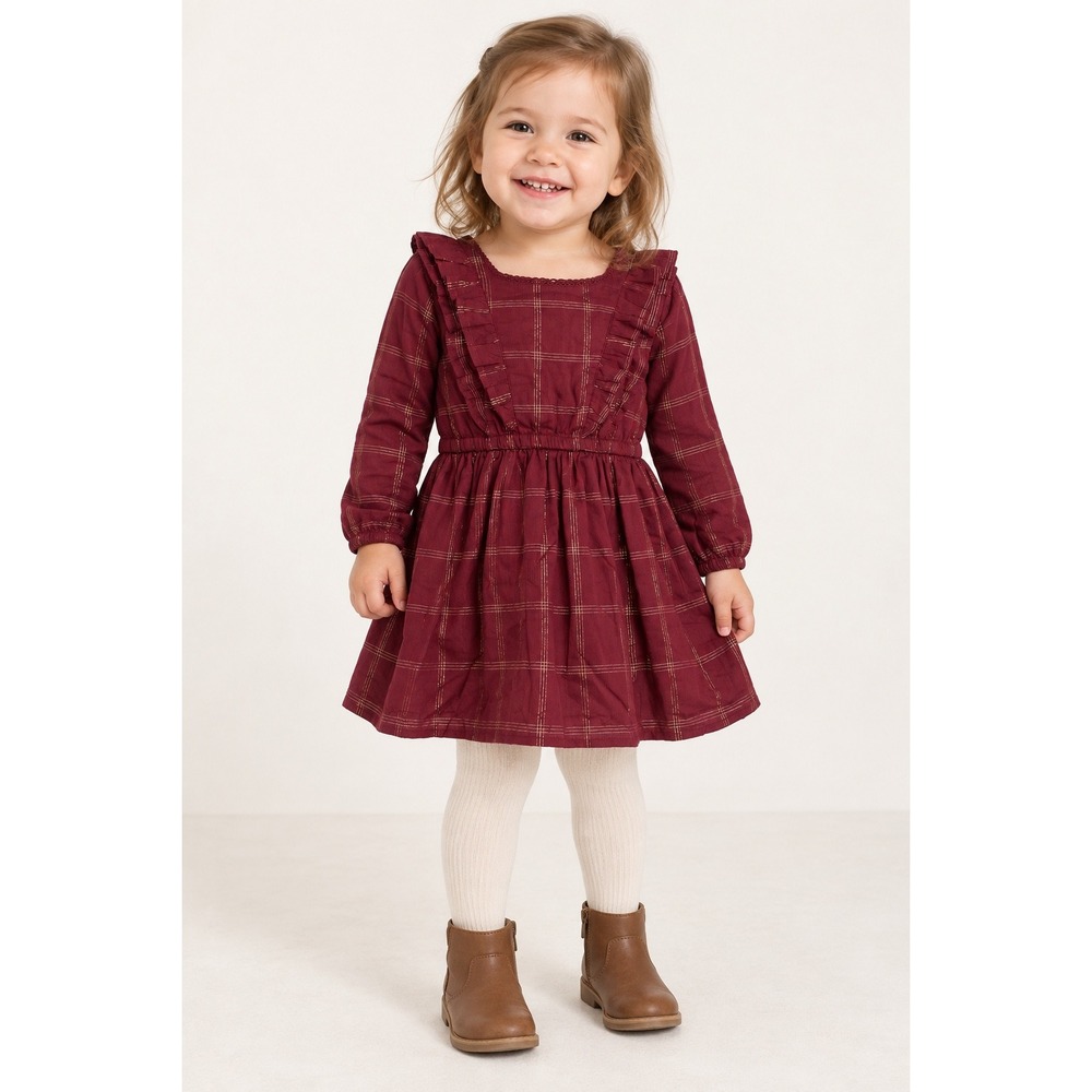 Art Class Girls 2T Maroon Metallic Plaid Ruffle Dress NWT